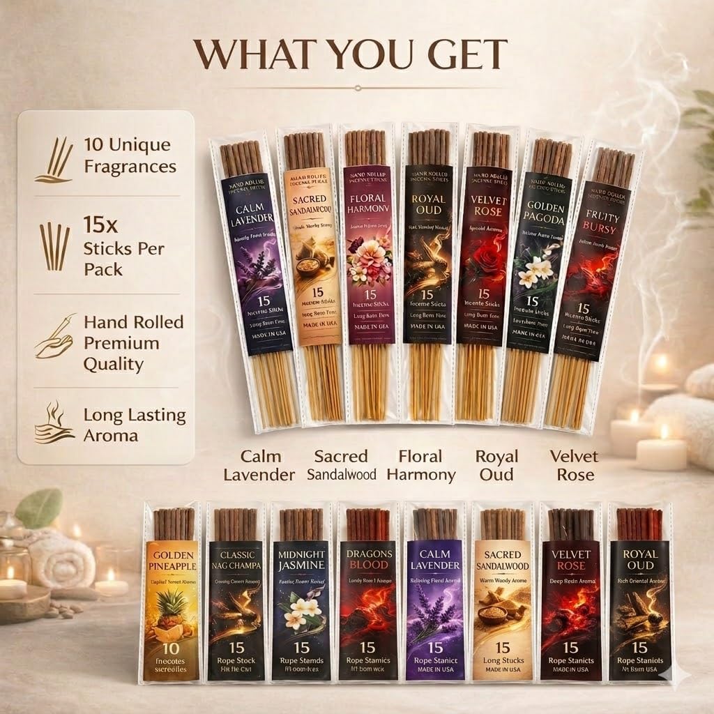 Incense Sticks Variety Pack, - , Sandalwood, Lavender, Rose, Oud, Dragon Blood, Jasmine, Pineapple, Floral - Set of 150
