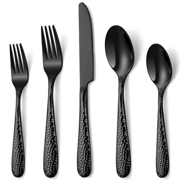 Hammered Black Silverware Set, 30-Piece Cutlery Set for 6, Heavy Duty Stainless Steel Flatware Set, Food-Grade