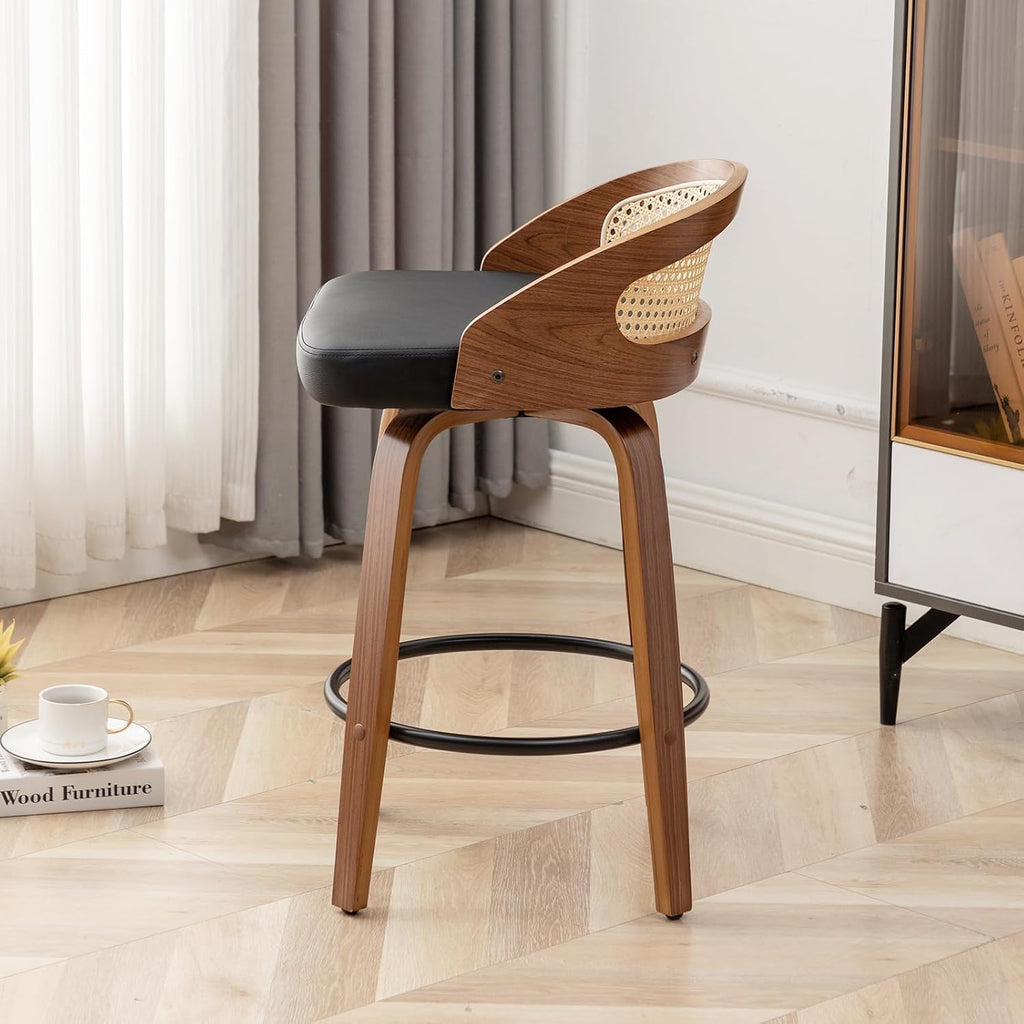 Swivel Rattan Bar Stools Set of 2 with Back, Black Leather barstool chairs