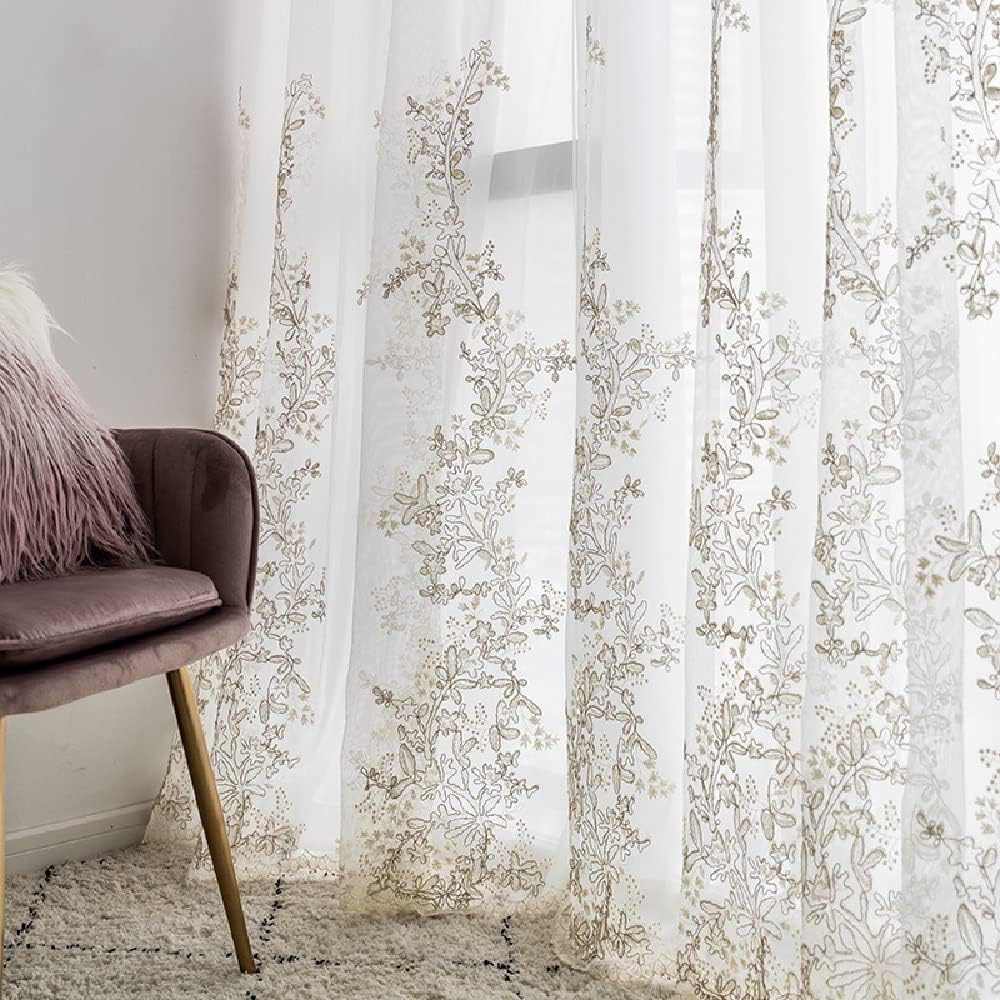 1 Pair Luxury Embroidered Tulle Curtains for Living Room Wedding 3D Gold Flower Sheer Curtains (White,63x96 Inch)