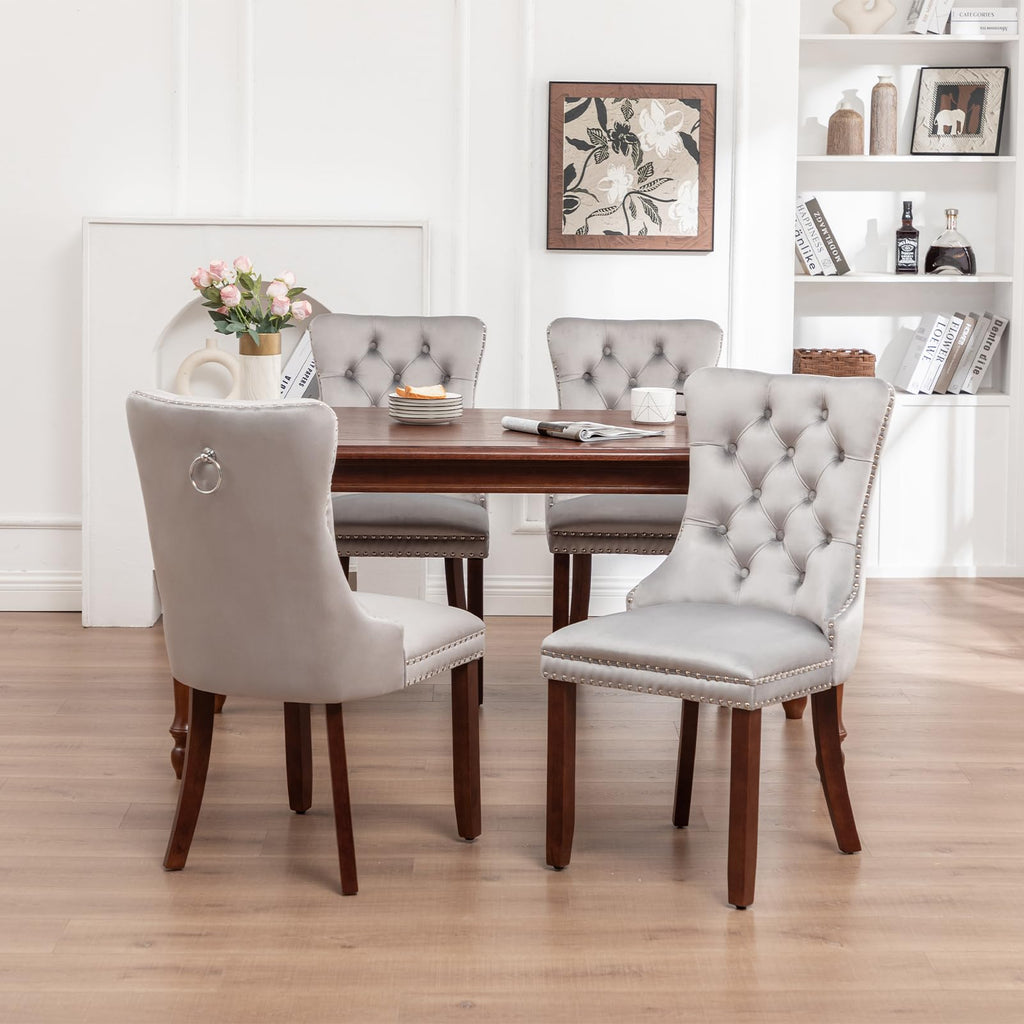 Velvet Dining Chairs Set of 4, Upholstered Dining Chairs with Ring Pull Trim and Button Back, Modern Seating (Light
