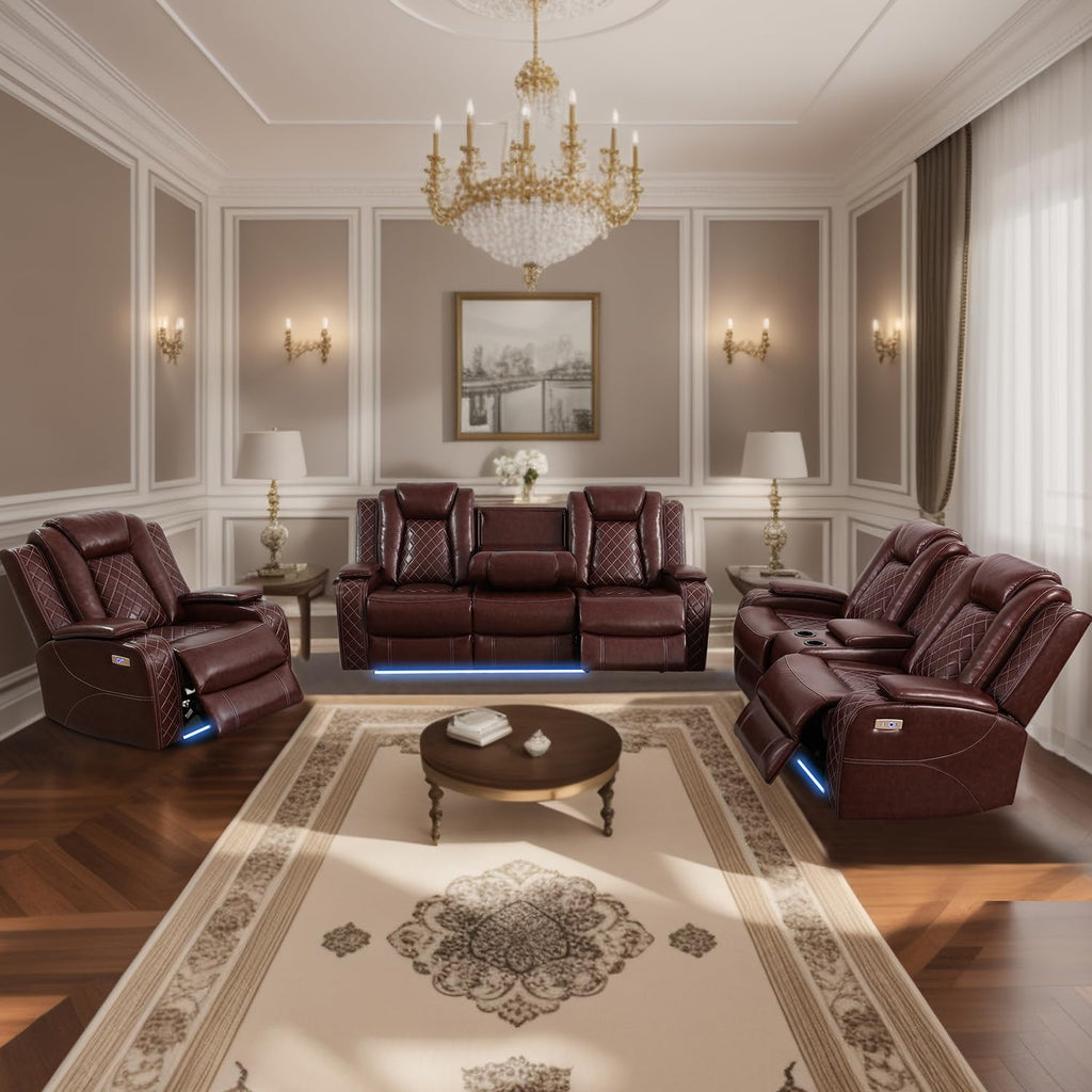 Power Recliner Loveseat, Air Leather Reclining Couch with LED/Cup Holders/Storage, 2-Seater Reclining Sofa, Burgundy