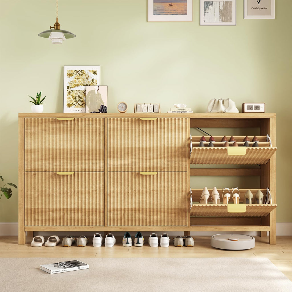 63" Shoe Cabinet Storage, Fluted Shoe Cabinet with 6 Flip Drawers, Hidden Shoe Rack Freestanding Wooden Shoe