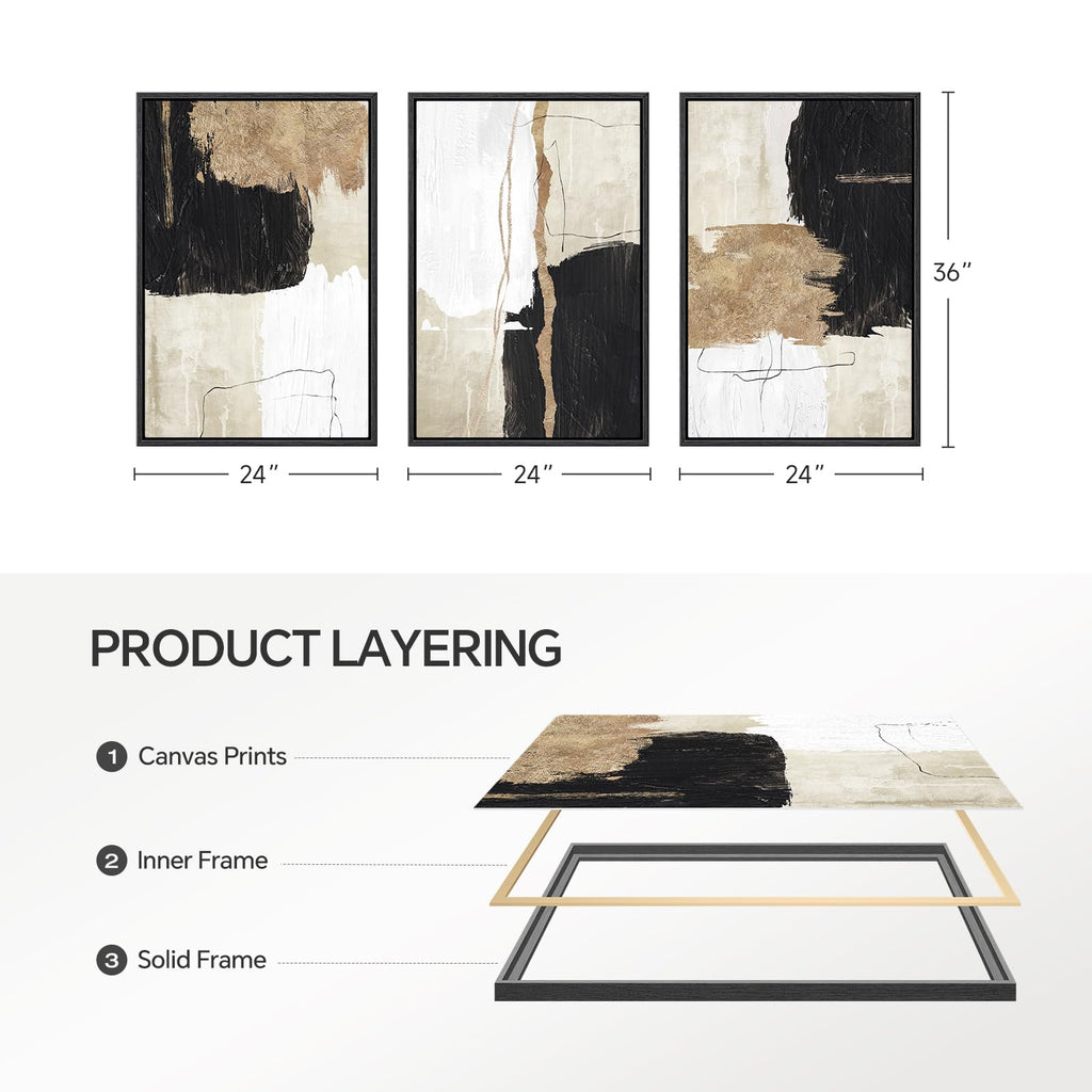 Framed Black and White Gold Abstract Wall Art, 24x36 Inch