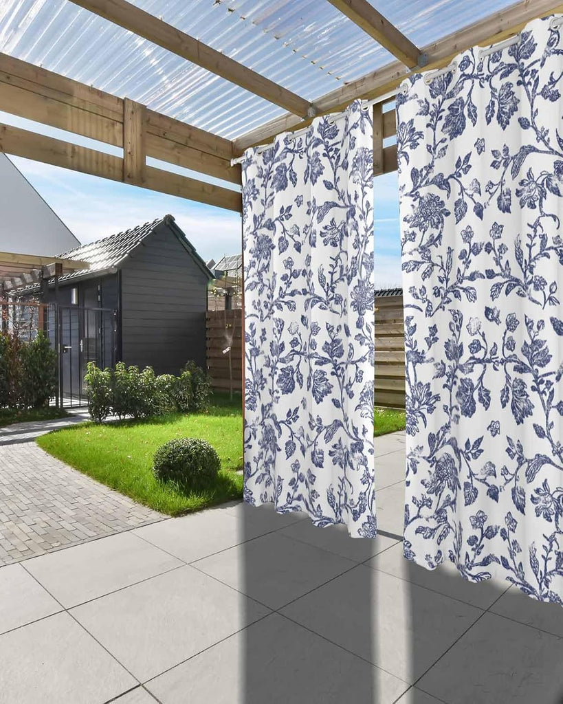 Outdoor Curtains Waterproof, Vintage Blue Floral Farmhouse Flower Pastoral Style Grommet Weatherproof Privacy