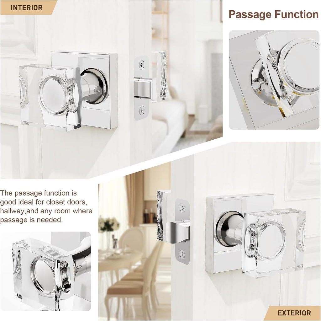 Polished Chrome Door Knob Passage Door Knobs Crystal Glass Door Knobs Interior, Sliver Door Knob Square Door Knob