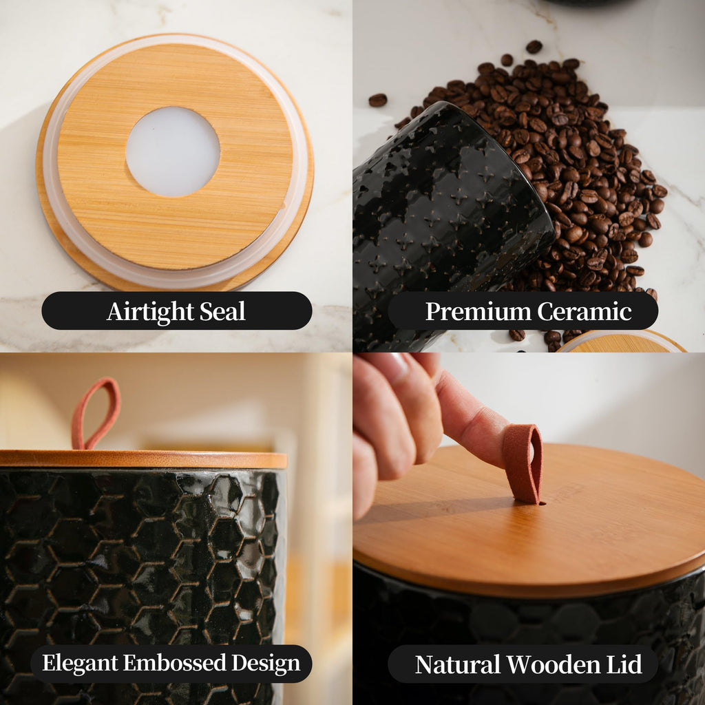 Black Embossed Ceramic Canister 3 Piece with Airtight Bamboo Lid