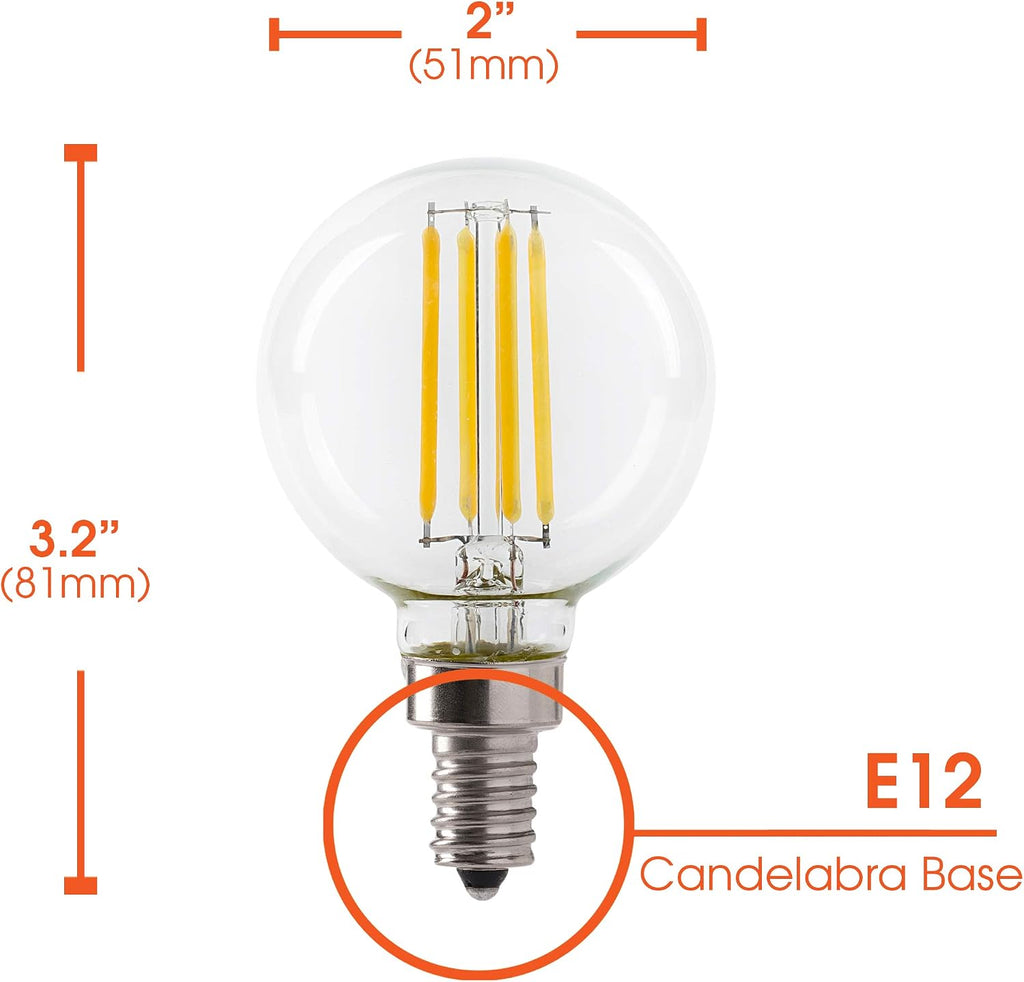 LED 5.5W G16.5 Clear Globe Filament Light Bulb, 50W Equivalent, 500 Lumens, 3000K Soft White, E12 Candelabra Base