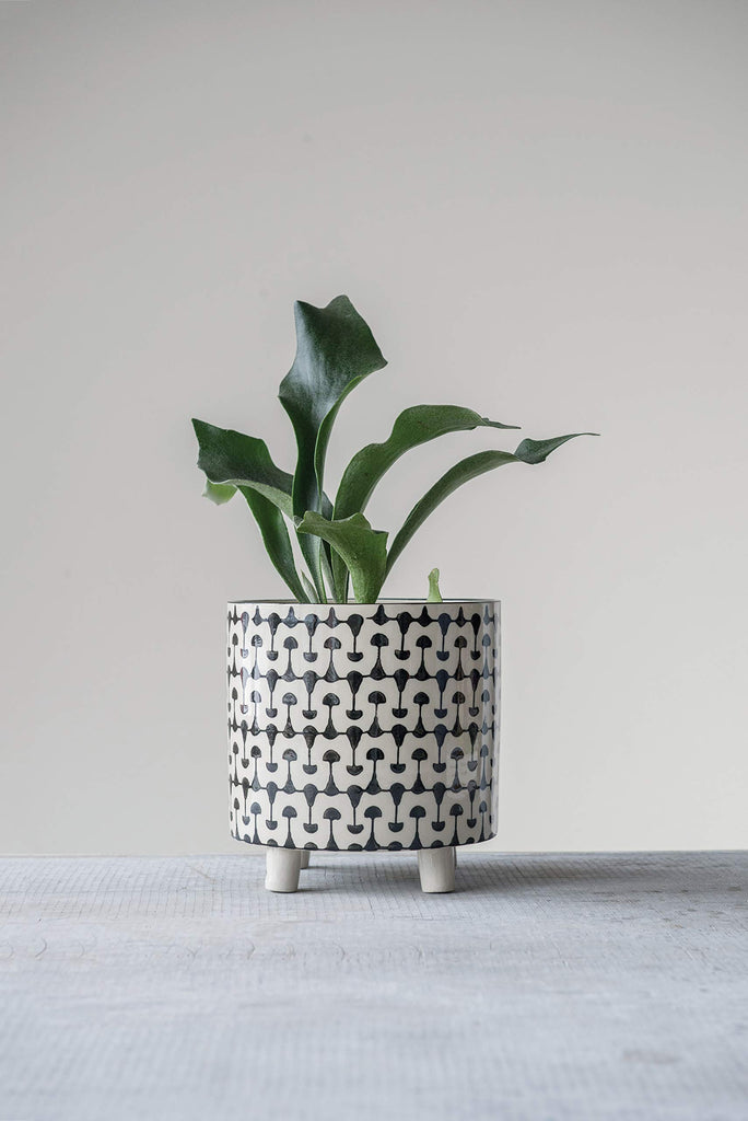 Round Stoneware Planters with Geometric Prints, Black and White