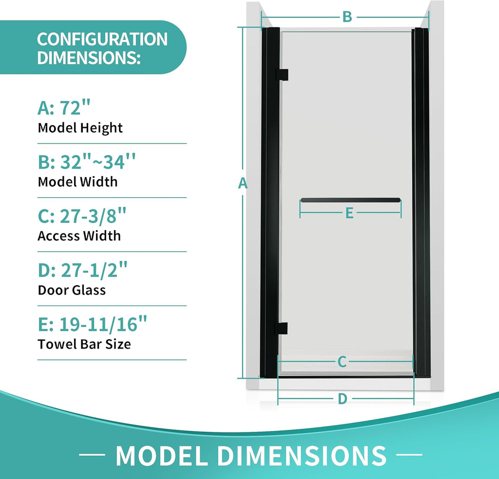 32-34 in.W x72 in.H i-Homare Frameless Pivot Shower Door