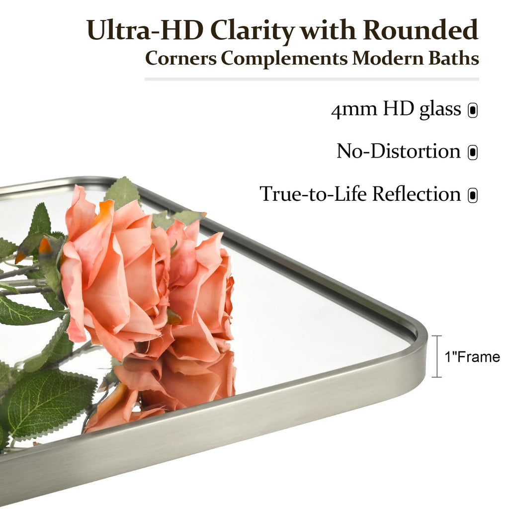 Bathroom Mirror Brushed Nickel, 30 x 42 Inch Metal Frame Rectangle Mirror Rounded Silver Modern Vanity Mirror