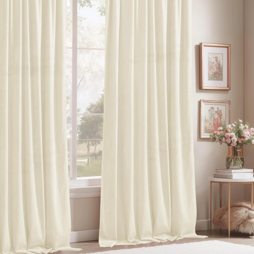 Ivory Velvet Curtains for Window - White Privacy Thermal Drapes, Elegant Decor White Backdrop Curtains 96 inches Long