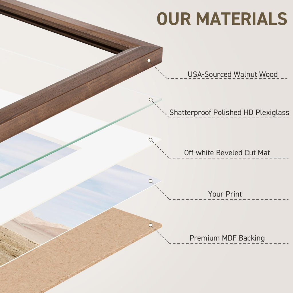 8x10 Picture Frame Set of 4 Natural Solid Walnut Photo Frames with 5x7 Removable Mat Wall Hanging Large Handcrafted