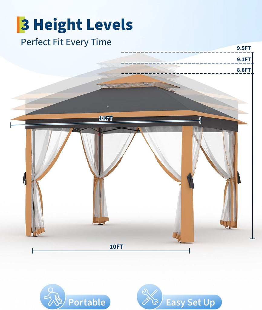 11'x11 Pop-Up Gazebo, Instant Outdoor Canopy Tent with Mosquito Nettings, Durable Steel Frame, Water