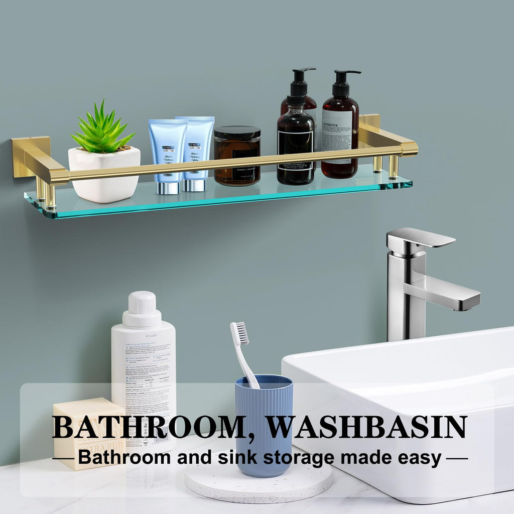 Glass Shelf, 20 Inch Tempered Glass with Brushed Gold Stainless Steel Railing, Floating Glass Shelves Sink Over
