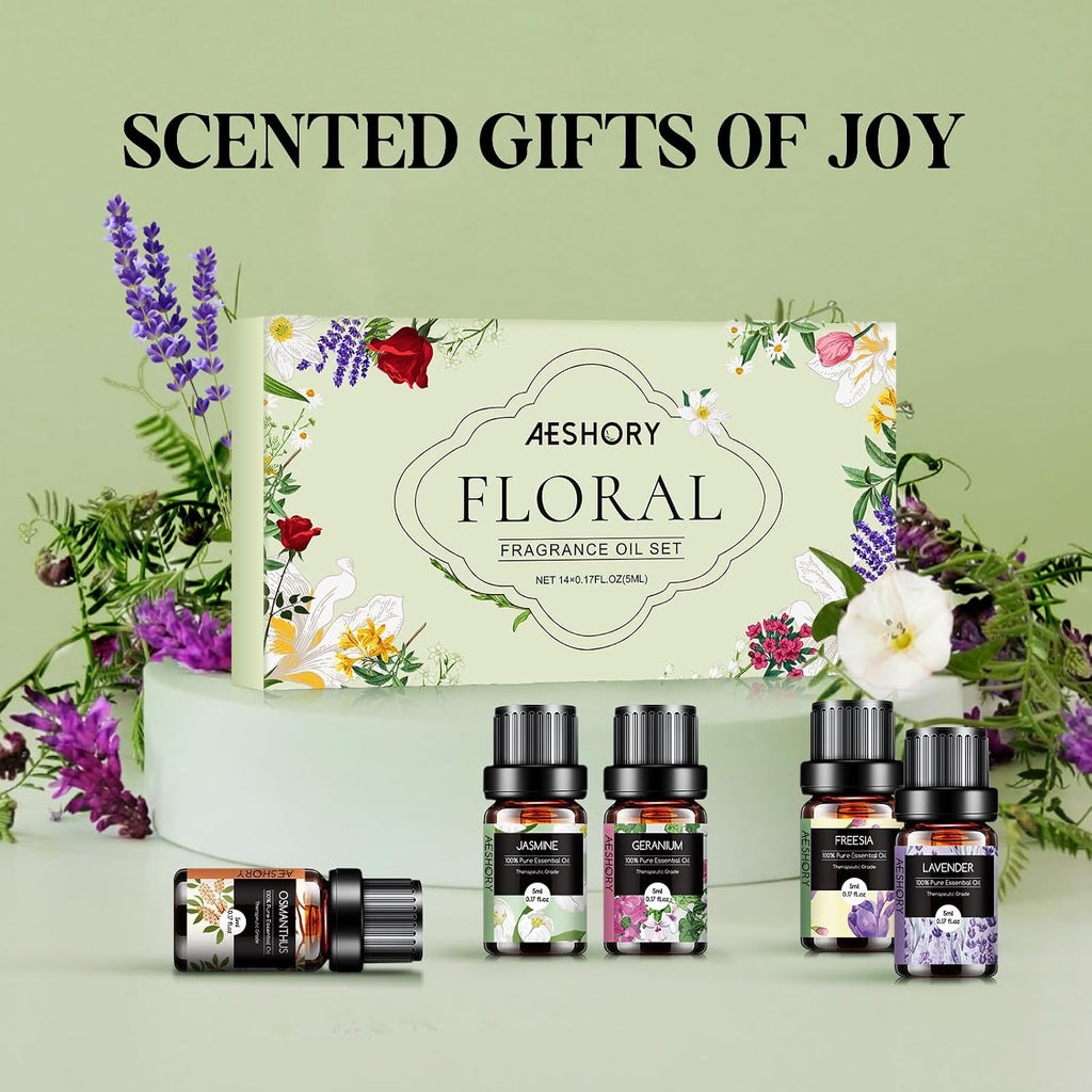 Floral Essential Oils Set - Fragrance Oil for Diffusers, Aromatherapy, Candle Making - Lavender, Geranium - Set of 14