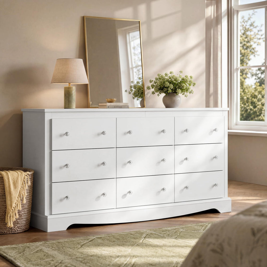 63" Dresser, Modern 9 Drawer Dresser with Exclusive Anti-Tip Structure, Large Wooden Chest of Drawers with Metal