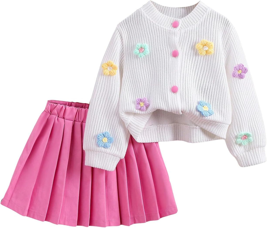 Toddler Girl's 2 Piece Outfits 3D Flower Button Down Cardigan and Pleated Aline Skirts Set
