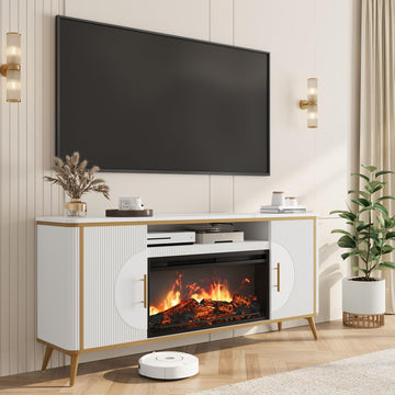 Fluted Fireplace TV Stand Up to 80" TVs, Modern Entertainment Center with 30" Electric Fireplace, Luxury Media