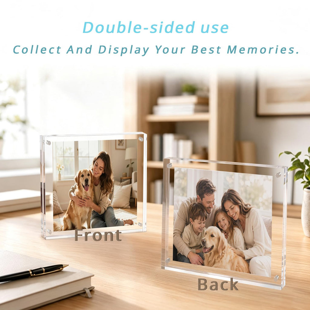 Acrylic 5x5 Picture Frame 2 Pack Clear Two Sided Desk Photo Frame Magnetic Frame Inner Size 4x4 with Gift Pack for