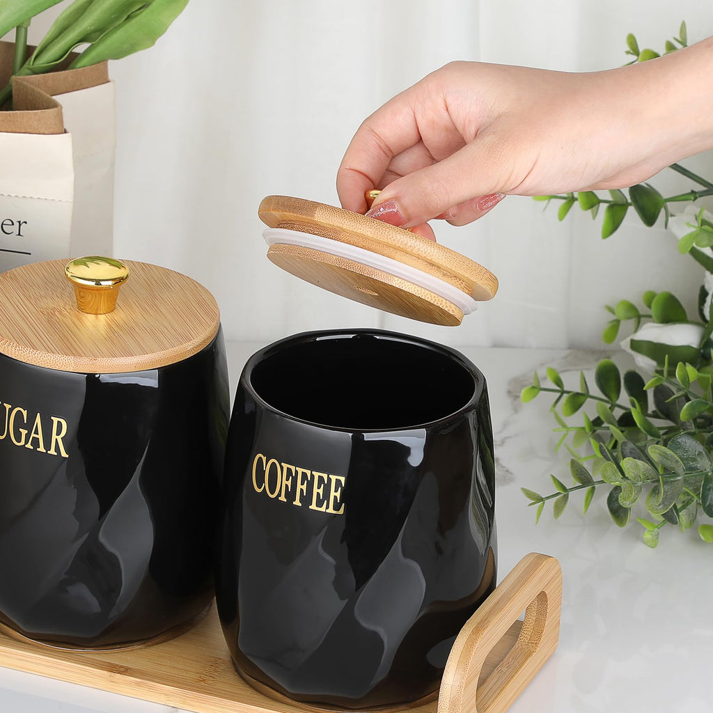 Set of 3 Ceramic Coffee Sugar Tea Canister Set with Lid and Tray