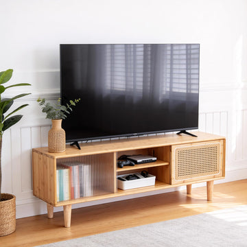 Rattan TV Stand for 55 Inch TV, Bamboo Cabinet with Storage, Wood