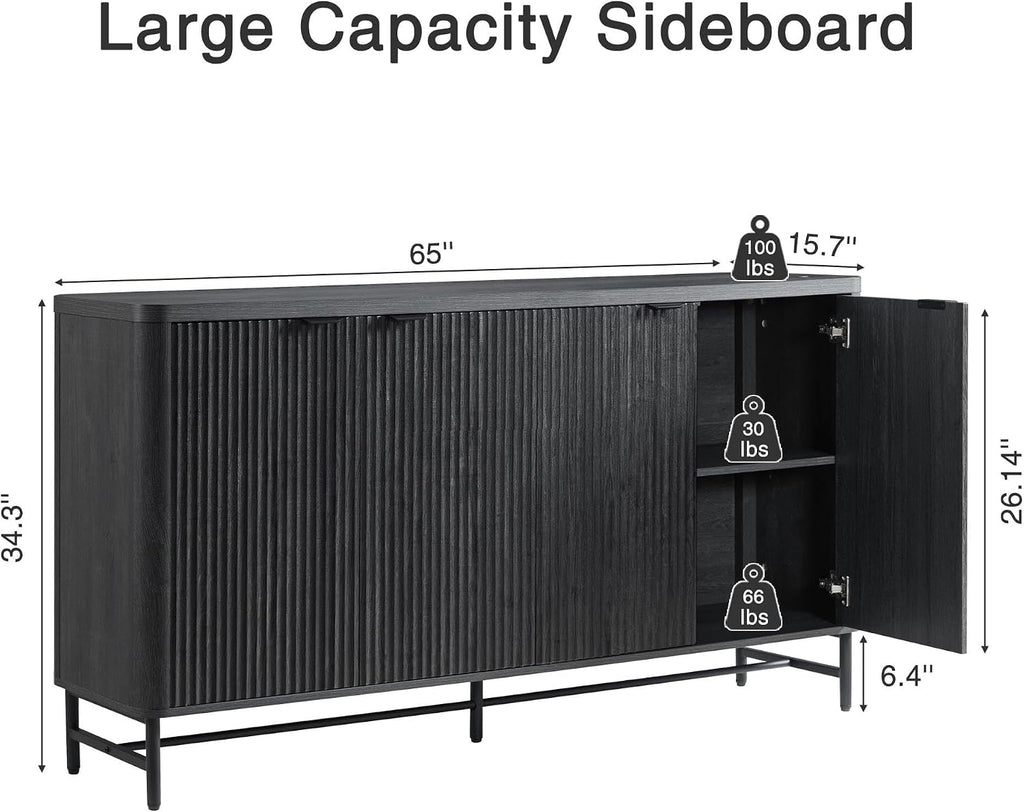 65" Buffet Cabinet with Storage, Fluted Credenza Sideboard with 4 Doors & Adjustable Shelves, Large Coffee Bar