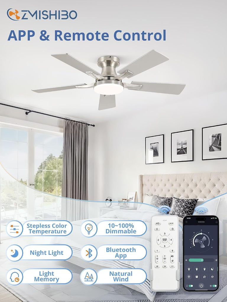42 Inch Ceiling Fan with Light, App&Remote Control, Flush Mount Low Profile, Dimmable 20W LED Light, Quiet Reversible Motor for Bedroom, Living Room, Apartment, Nickel A101-B0F8B6BXSD