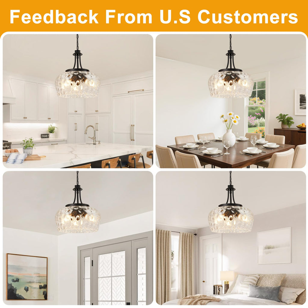 Pendant Lights Kitchen Island, 3-Light Black Pendant Light Fixtures with 14.2" Clear Hammered Glass Shade, Industrial