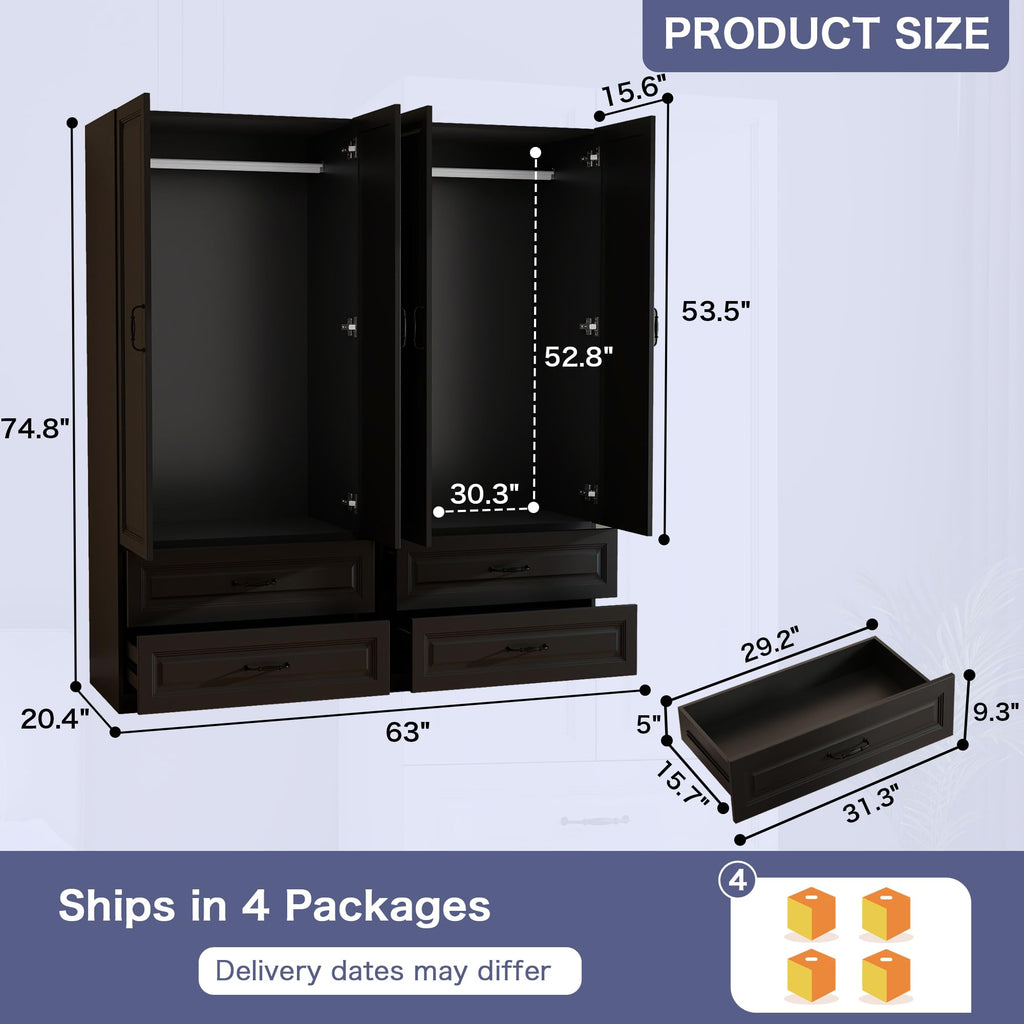 Black Wardrobe Closet with 4 Drawers and 4 Doors, 75" H x 63" W