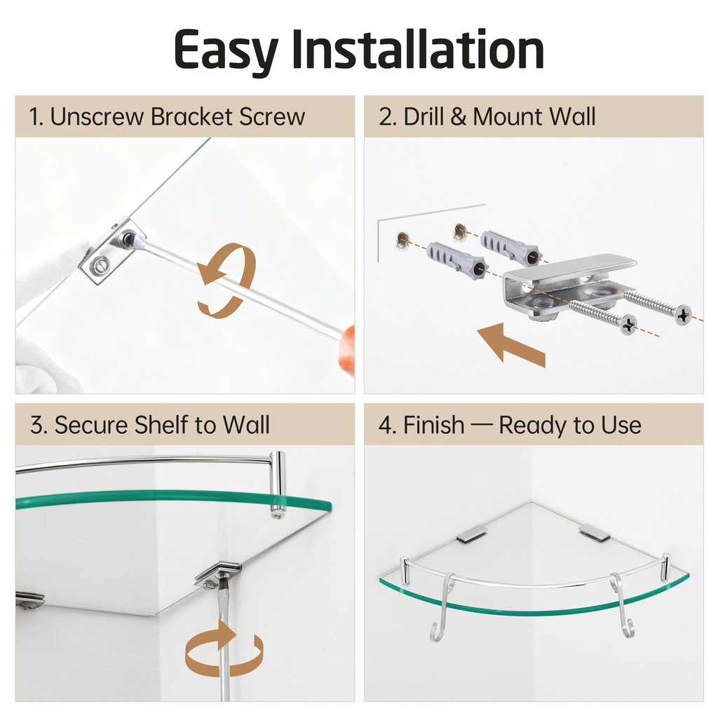 Glass Corner Shelf Bathroom Shelf Tempered Glass with Rail 18/8 Stainless Steel Floating Wall Mount Bracket Polished