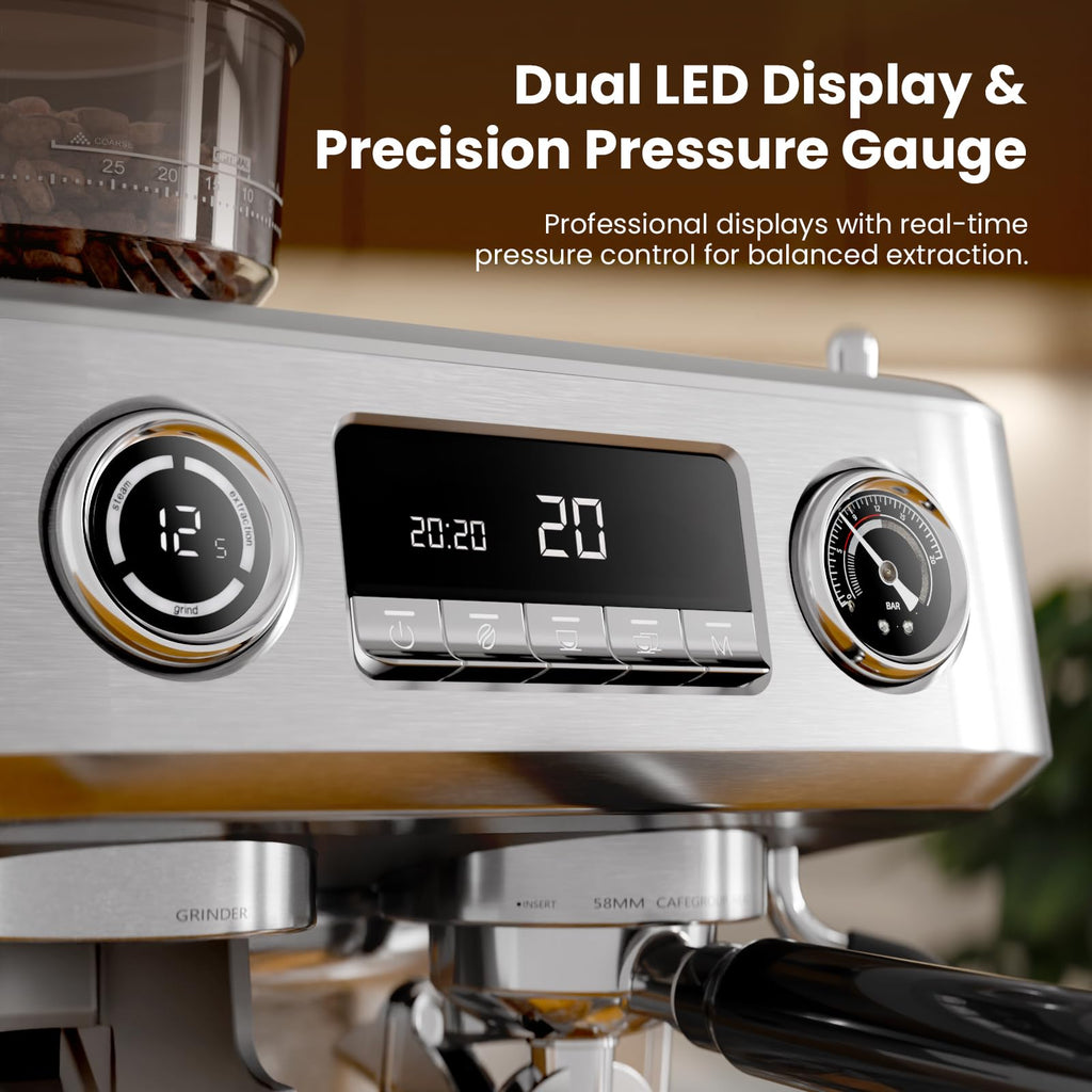 20 Bar Dual Boiler Espresso Machine with Grinder & Milk Steamer