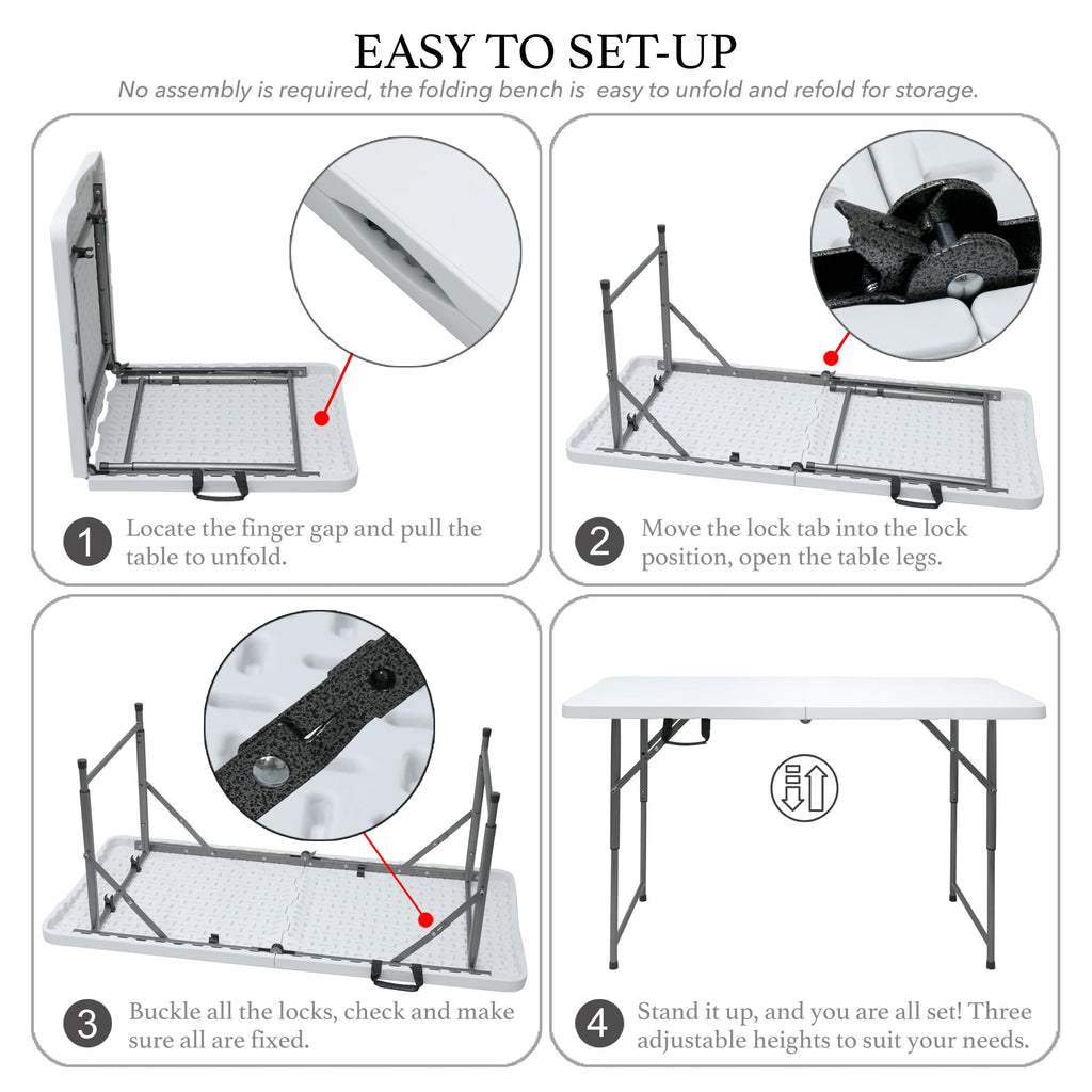 4ft Folding Table, Sturdy Outdoor Folding Table, Perfect for Camping Picnics Parties Durable Foldable Table with Easy