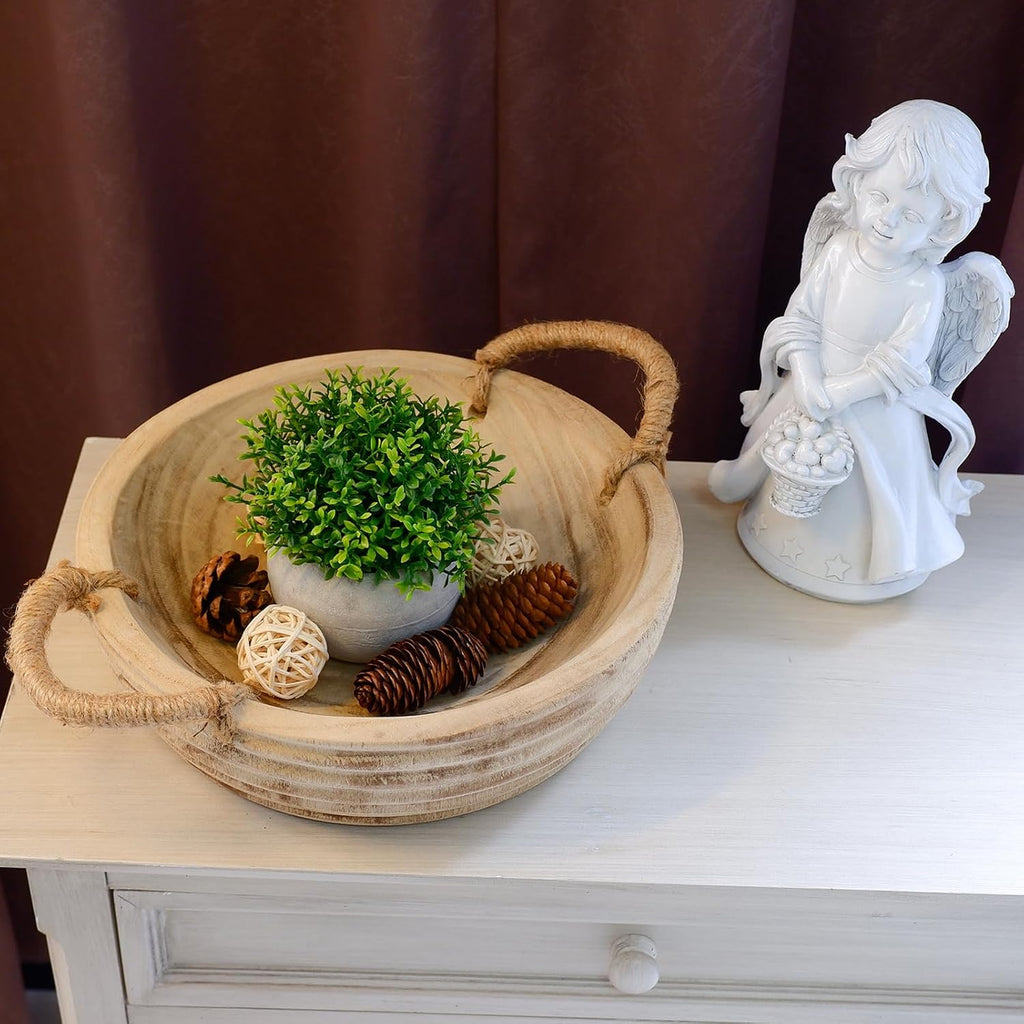 Wooden Decorative Bowls, 11.2 Inch Premium Round Serving Bowl with Rope Handles Decor, Round Paulownia Wood