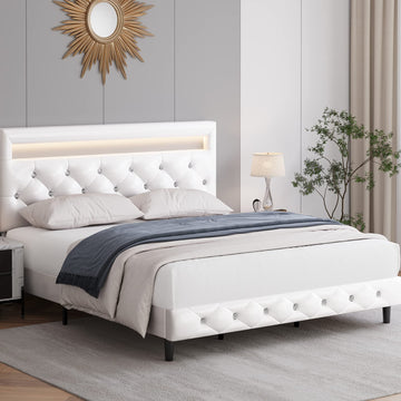Queen Bed Frame with LED Lights, Modern Upholstered Faux Leather Low Profile Platform Bed, Adjustable Crystal Button
