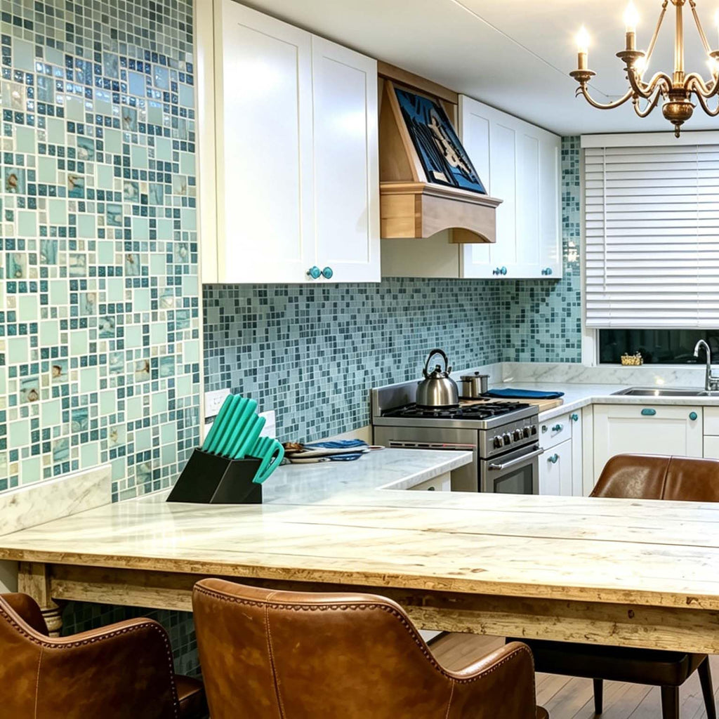 Coastal Glass Mosaic Tile, Blue Iridescent, 5 Sq Ft