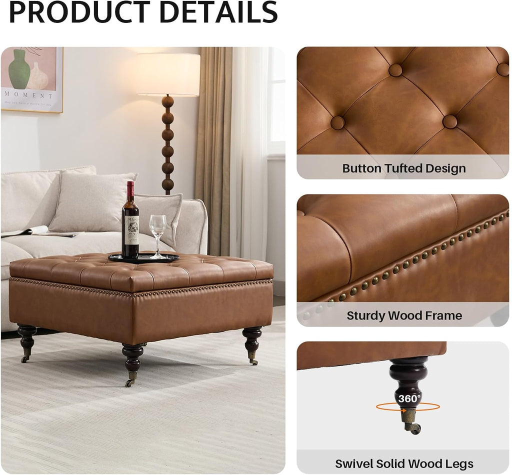 Large Square Storage Ottoman Uphlostered PU Button Coffee Table, Brown | Oversized Footrest Bench With Castered