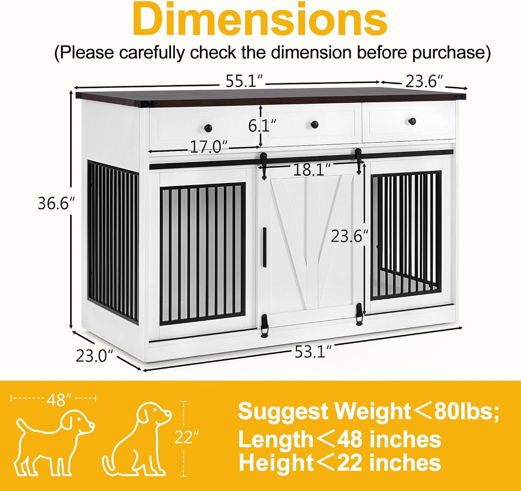 Dog Crate Furniture, Wooden Large Dog Kennel with Barn Door and 3 Drawers, 55.1 inches Length Pet Crate Indoor