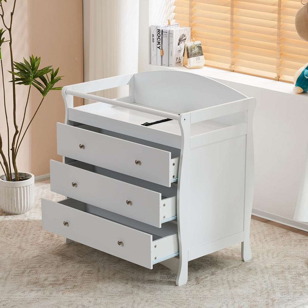 3-Drawer Changing Table, Safety Rails & Strap, Infant Diaper Changing Station with Drawers, Baby Diaper Changing