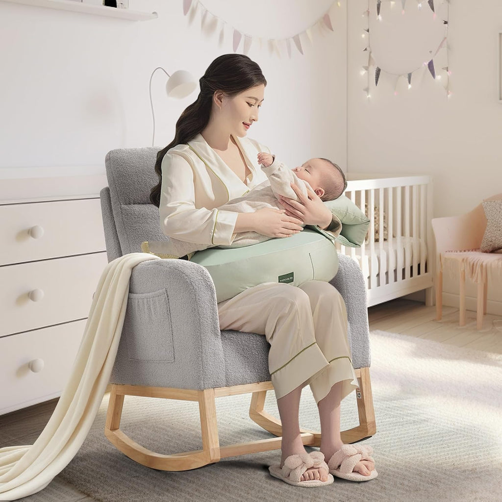 Rocking Chair Nursery,Glider Chair Nursery Chair with High Back and Side Pocket, Rocking Accent Armchair with Rubber
