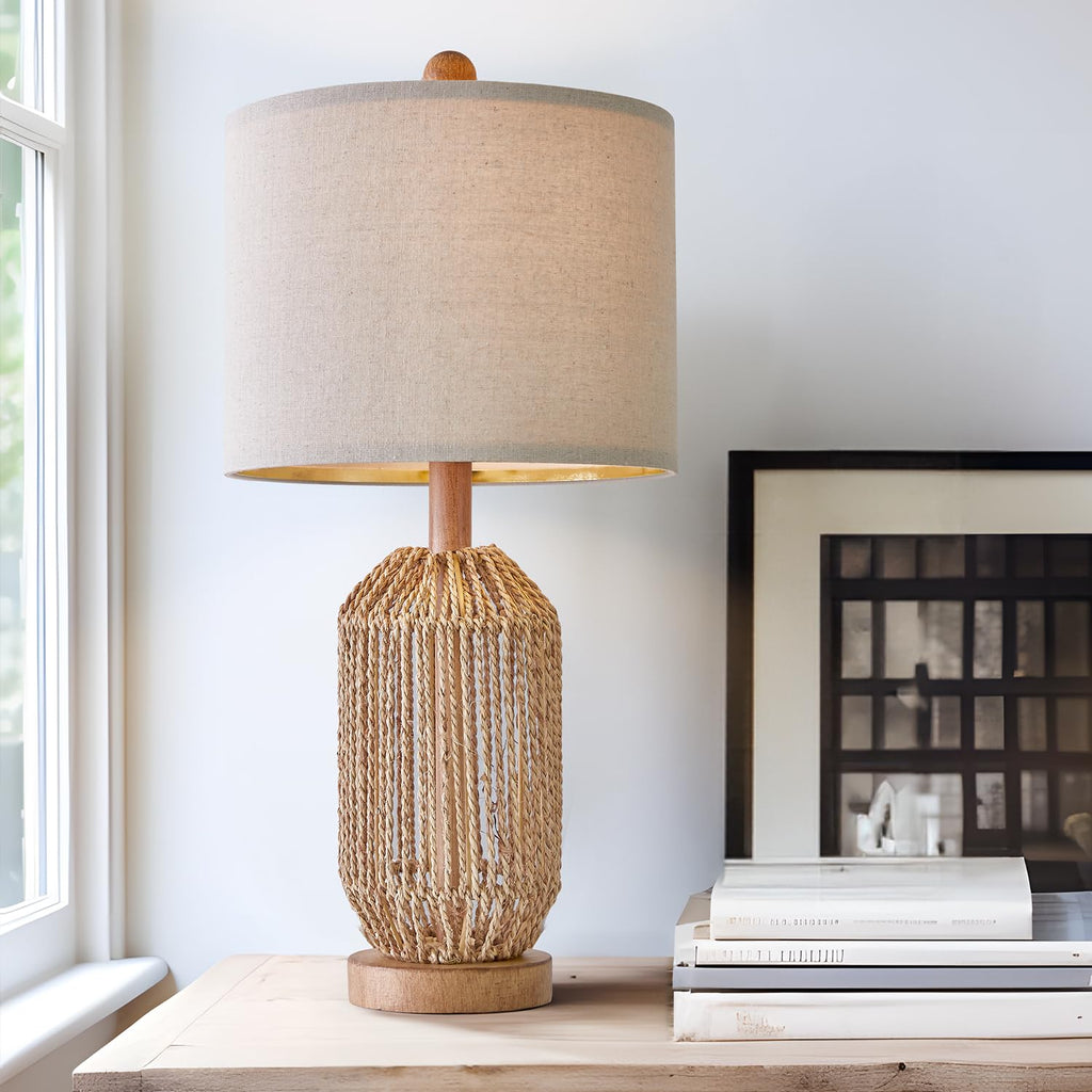 21" Boho Table Lamp, Bedside Lamp for Nightstands, Rattan Lamp, Farmhouse Table Lamp for Room Decor, End Table