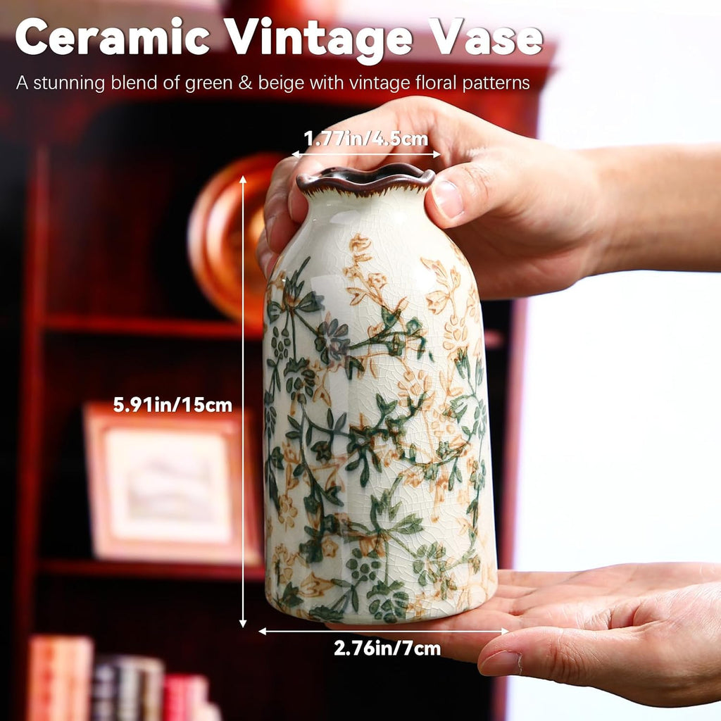 Green Vintage Vase 5.9 Inch Ceramic Crackle Floral Vase for Farmhouse Retro Home