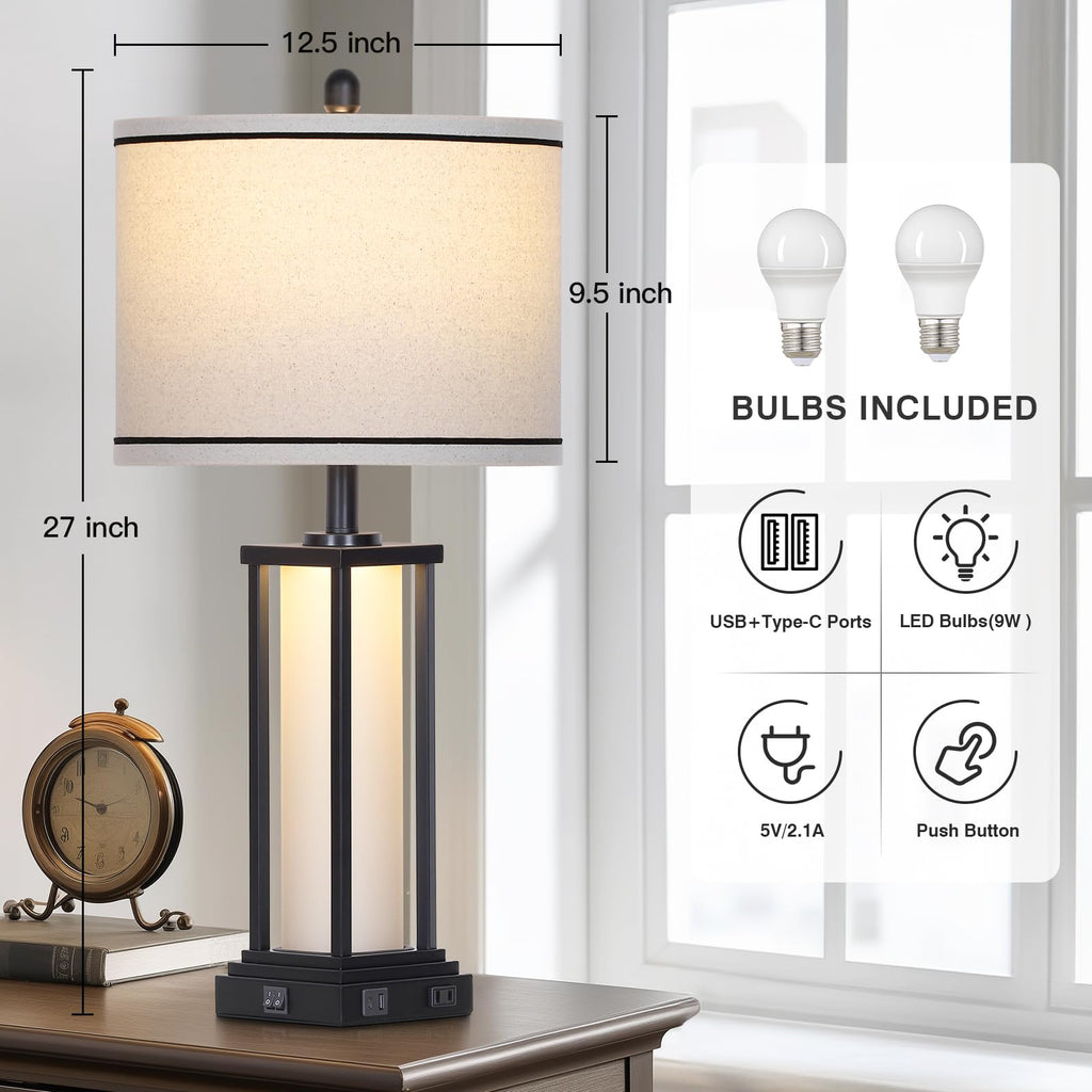27" Tall Vintage Table Lamp Set of 2 with USB C+A & Outlet, Black Industrial End Table Lamp, Farmhouse Rustic Bedside