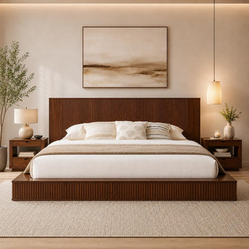 Low Profile Platform Bed Frame with Vertical Fluted Headboard