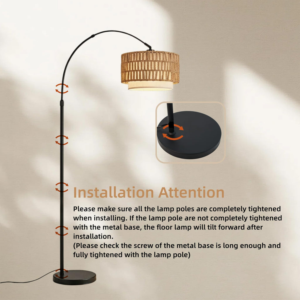 Arc Floor Lamp with 12W Bulb, 61.5"-71.5" Height Adjustable Rattan Floor Lamps with 3 Color Temps, Farmhouse Arched