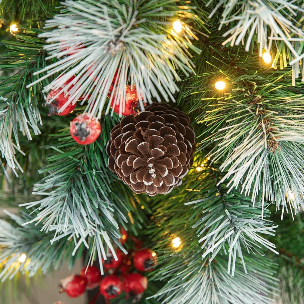 4ft Potted Pre-Lit Artificial Christmas Tree, Small Porch Christmas Tree with 3D Needles, Pinecones and Red Berries