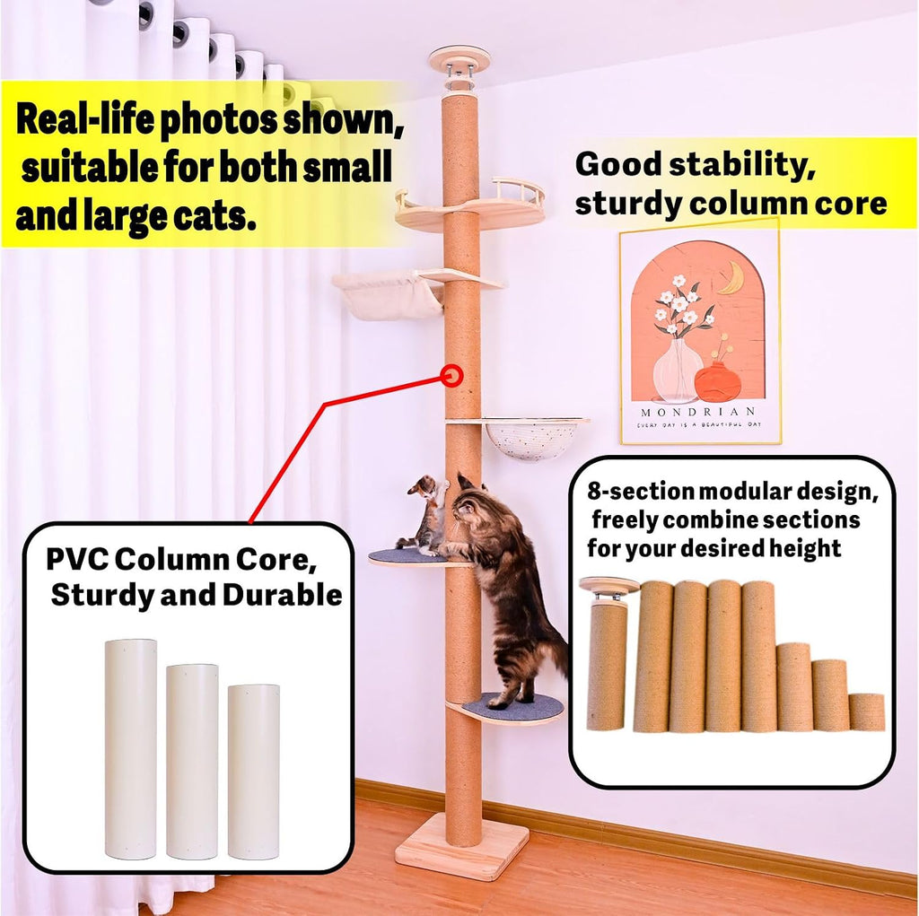 Floor to Ceiling Cat Tree Height (50-120.5in) Adjustable Cat Tower 5 Tier Hemp Scratching Post High Cat Tree Sturdy