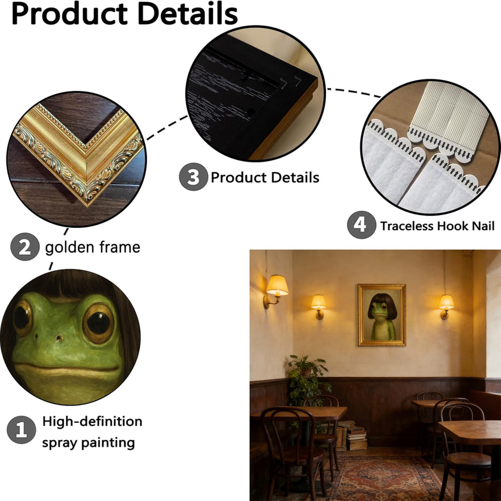 Gold Framed Whimsical Frog Wall Art Eclectic Frog Canvas Prints Vintage Animal Picture Wall Decor Painting Bedroom