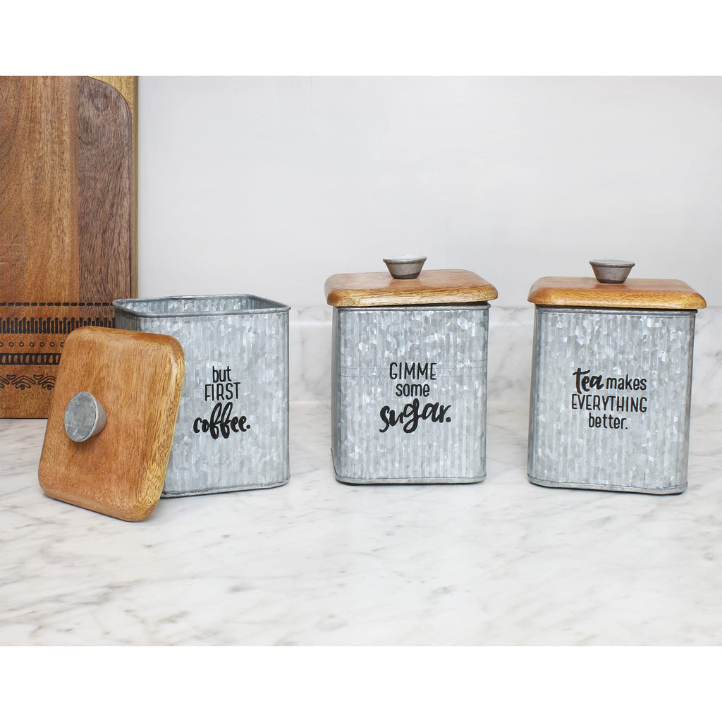 Farmhouse Galvanized Canisters (Set of 3); Storage Containers for Coffee, Tea and Sugar in Galvanized Iron and Wood