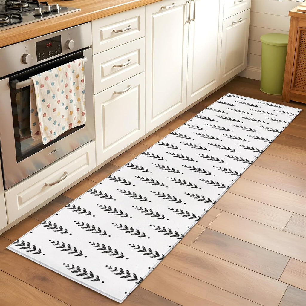 Rectangle Rug,Modern Scandi Botanical Leaves Washable Area Rugs Non-Slip Accent Rug Minimalist Black Leaf on